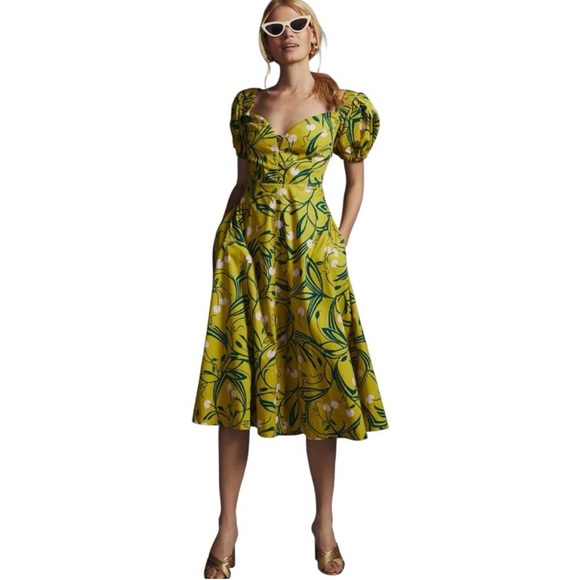 Maeve Puff-Sleeve Sweetheart Dress in Cherry Chartreuse - Picture 1 of 13